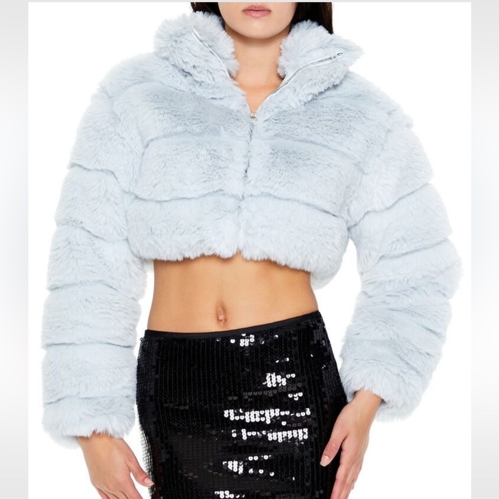 SOLD - Women's Light Blue Faux Fur Zip Funnel Puffer Jacket